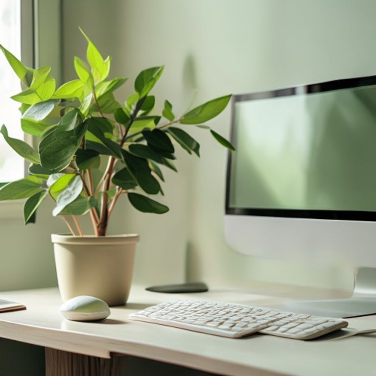 Groene plant naast computermonitor